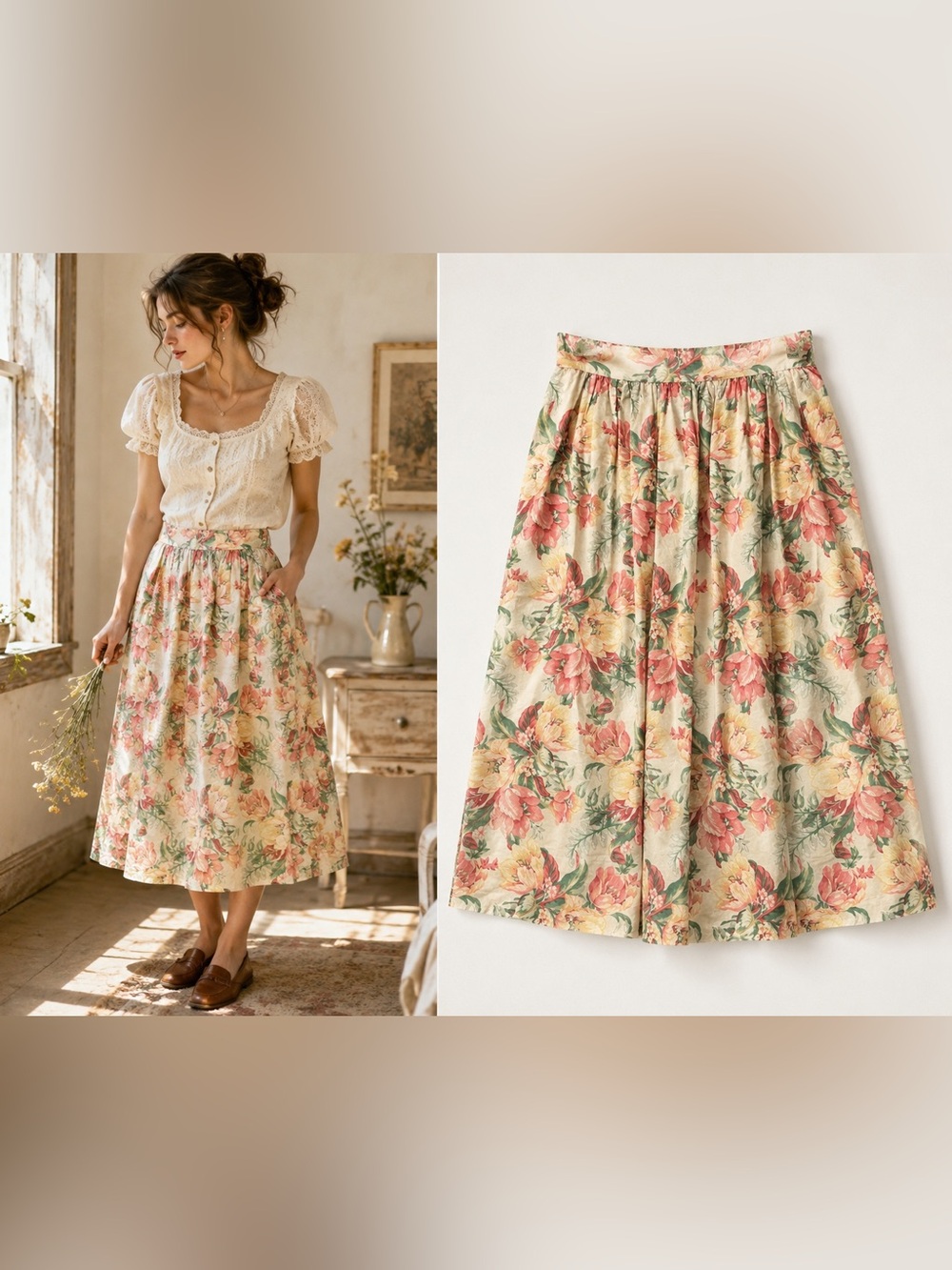 Vintage Sweater Loft Floral Cotton Midi Skirt Made USA Cottagecore Prairie M